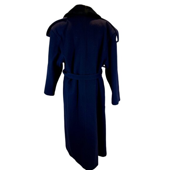 Vintage Navy Coat with Faux Fur Collar – Pure Virgin Wool Belted Long Overcoat - Picture 6 of 11